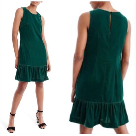 J Crew Velvet Ruffle Hem Holiday Shift Dress | Sz 00 | Emerald Green NWT - Picture 2 of 8